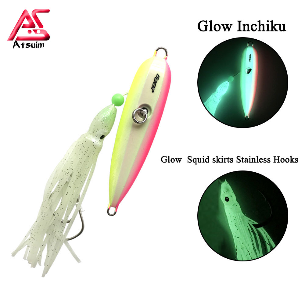 AS Inchiku-señuelos de pesca luminosos con plantilla lenta, falda de Metal y pulpo, anzuelo auxiliar de cebo de calamar, 100g, 120g, 150g, 200g, 250g