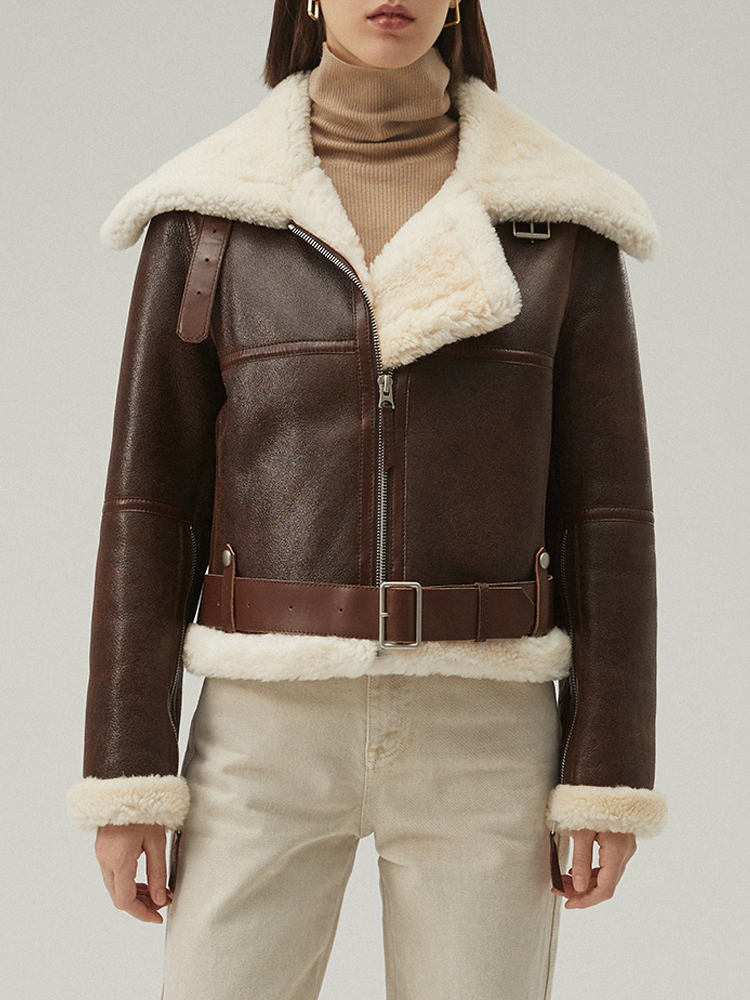 Denny&Dora Neue Damen-Lammfelljacke, braune Lederjacke, kurzer Pelzmantel, Damen-Wintermäntel, natürlicher Schaffellmantel