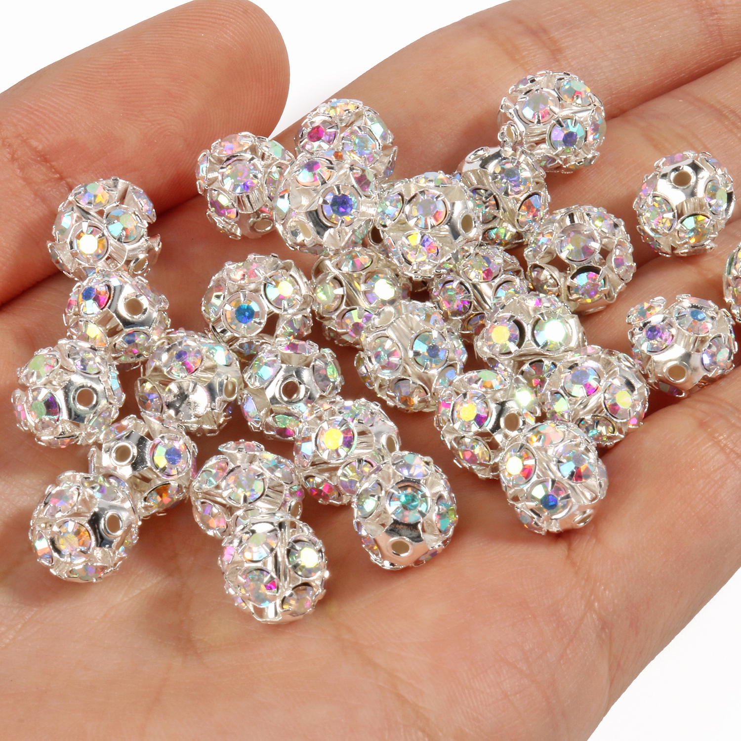 50 Cái/lốc 6Mm 8Mm 10Mm AB Màu Đá Bóng Hình Rời Hạt Kim Loại Hạt Pha Lê Cho Trang Sức làm Tự Làm Phụ Kiện