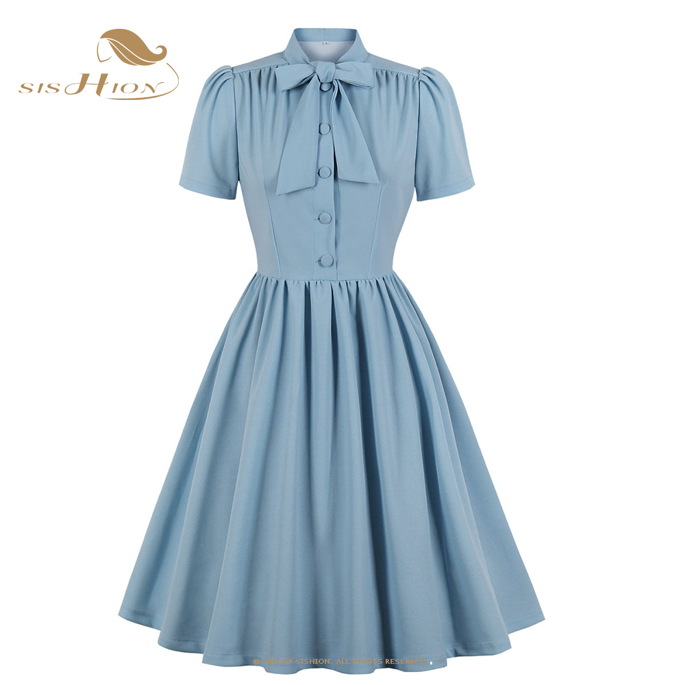 Niebieska plisowana sukienka w stylu vintage z kokardą przy szyi, zapinana na guziki, elegancka damska letnia sukienka z paskiem, pin-up, lata 60., lata 50., rockabilly, model SD0081