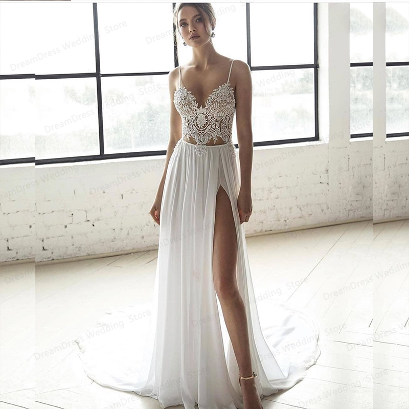 LSYX Customized Bohemian Wedding Dress Beach Two Pieces 2  A-line Sweetheart Bridal Gowns Sleeveless Simple Sweep Train Charming
