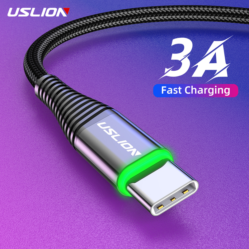 USLION 0,5 м/1 м/2 м светодиодный 3A USB-кабель типа C, провод для быстрой зарядки для Samsung Galaxy Xiaomi Huawei Note 7, кабель USB-C для передачи данных, шнур зарядного устройства