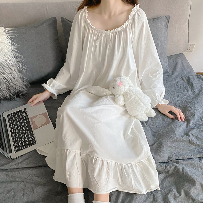 Frühling Herbst Nachthemden Für Frauen Kleid Baumwolle Mesh Lange Nachthemd Langarm Hause Tragen Kleidung Damen Nachtwäsche Nachthemd