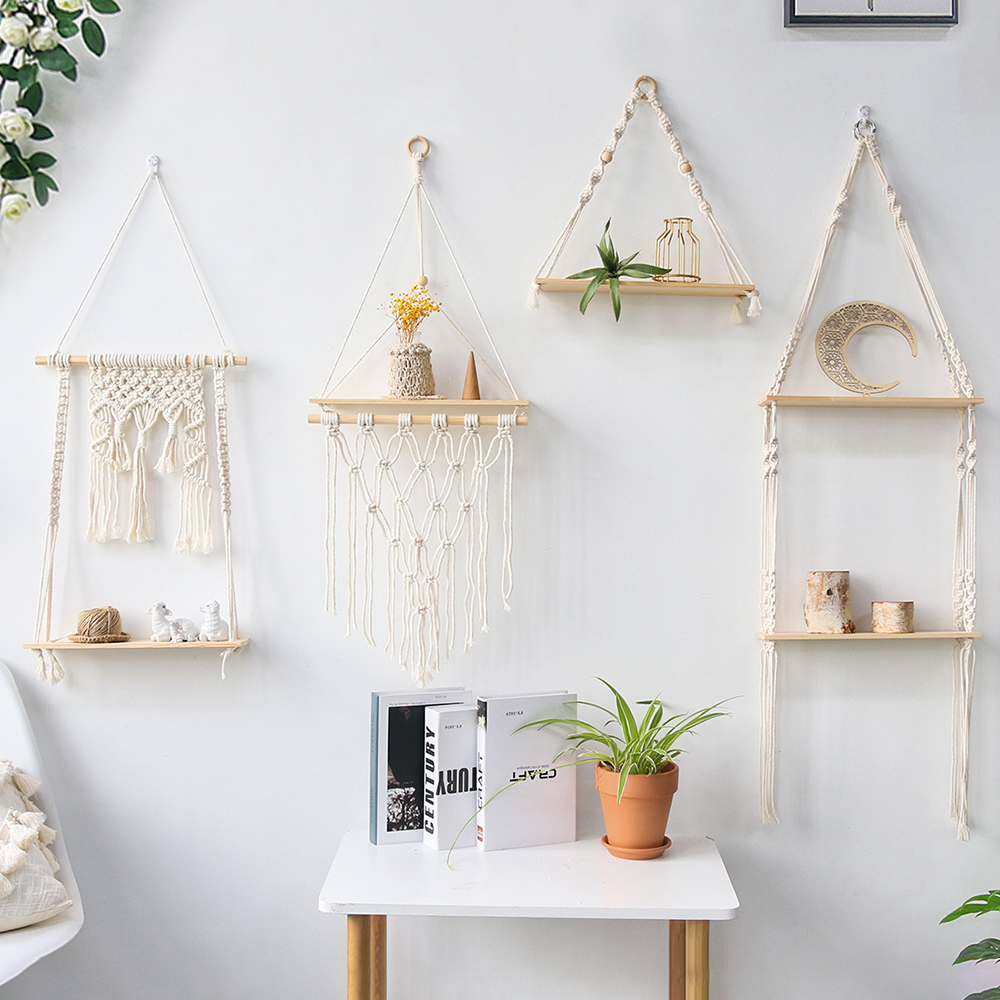 Makramee-Wandregal zum Aufhängen, schwebendes Wandregal, Boho-Heimdekoration, Regale, Wand, Holzdekoration für Schlafzimmer, Wohnzimmer, Kinderzimmer, Geschenk