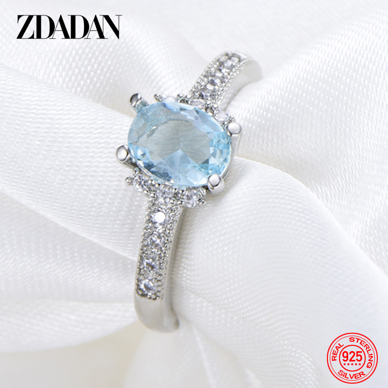 Zdadan 925เงินสเตอร์ลิงแหวนพลอยสีฟ้าสำหรับแฟชั่นสำหรับผู้หญิงเครื่องประดับงานแต่งงานงานหมั้นของขวัญสำหรับงานเลี้ยง