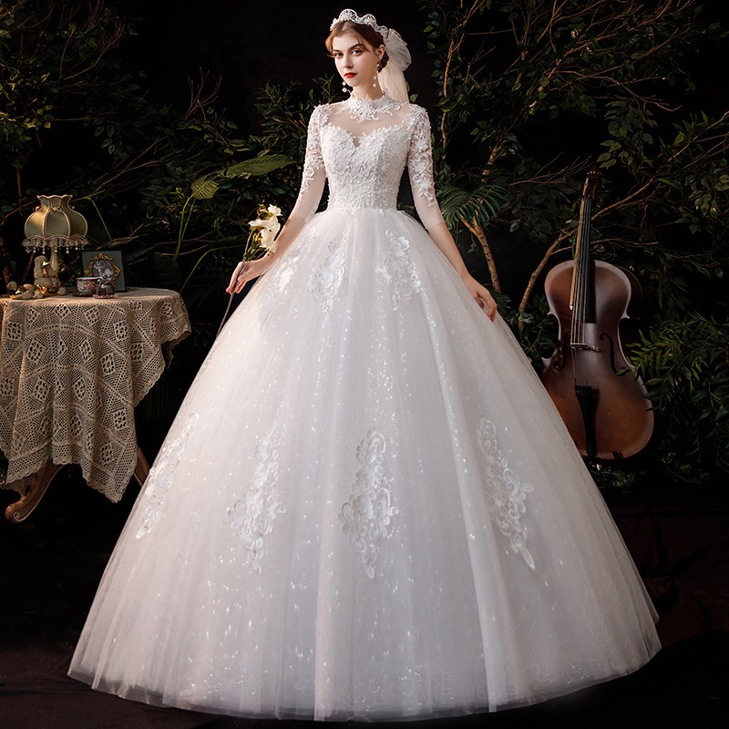 High Neck Wedding Dress 2024 Luxury Three Quarter Sleeve Lace Up Ball Gown Vestido De Noiva Plus Size Customized