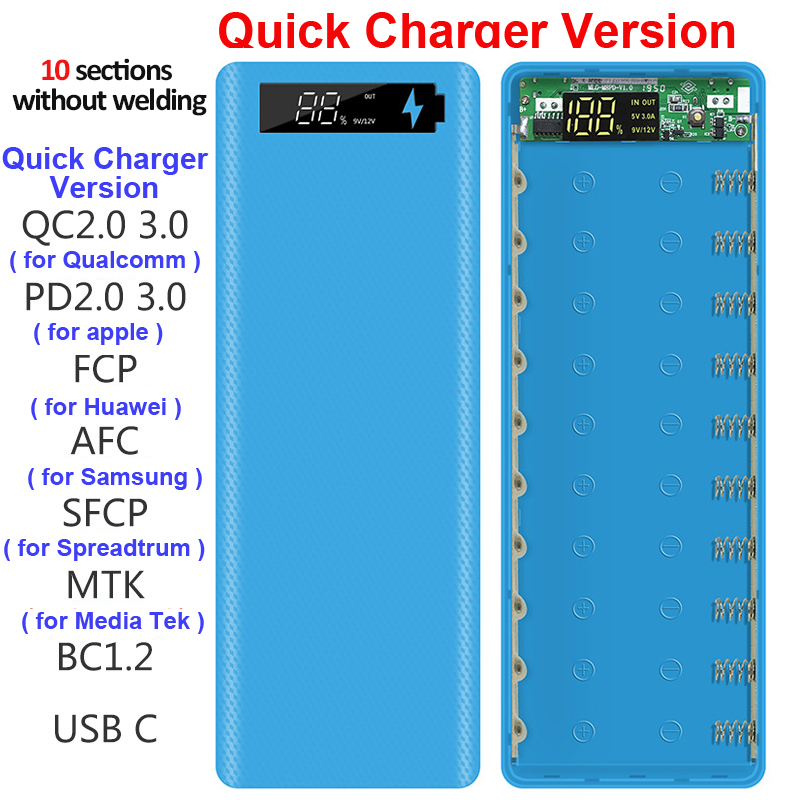 Бесплатная сварка 10*18650 Коробка для хранения аккумуляторов 2 USB Power Bank Чехол 5/12 В DIY Shell 18650 Чехол-держатель для аккумулятора PD QC 3.0 Quick Charge