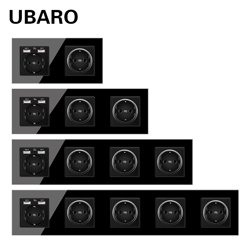 UBARO Standard UE 16A Panel ze szkła hartowanego z kryształu gniazdko ścienne gniazdko elektryczne wtyczka elektryczna z USB 5V 2100mA Ac110-250V czarny