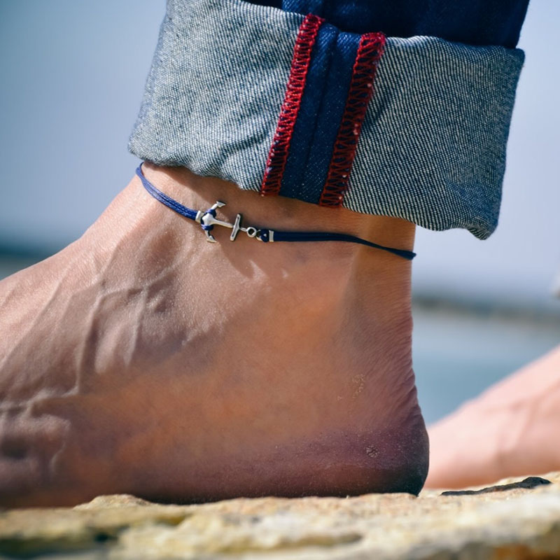 Kotwica anklet dla mężczyzn męska anklet ze srebrną kotwicą niebieski przewód anklet dla mężczyzn prezent dla niego męska bransoletka na kostkę