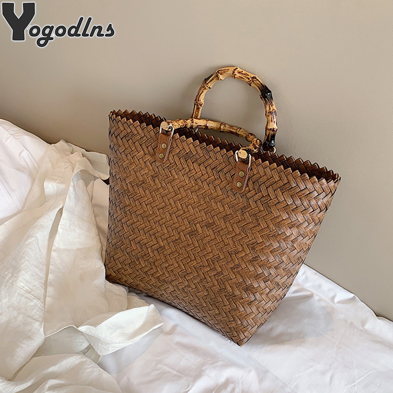 Bolsa feminina de palha tecida, bolsa de ombro de vime, casual, artesanal, para jovens, viagens de verão