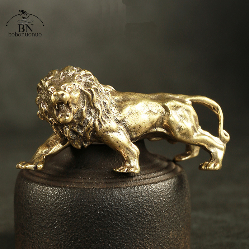 Antigo bronze masculino leão rei estátua pequenos ornamentos de cobre sólido montanha leões figuras em miniatura escultura bronze artesanato decoração
