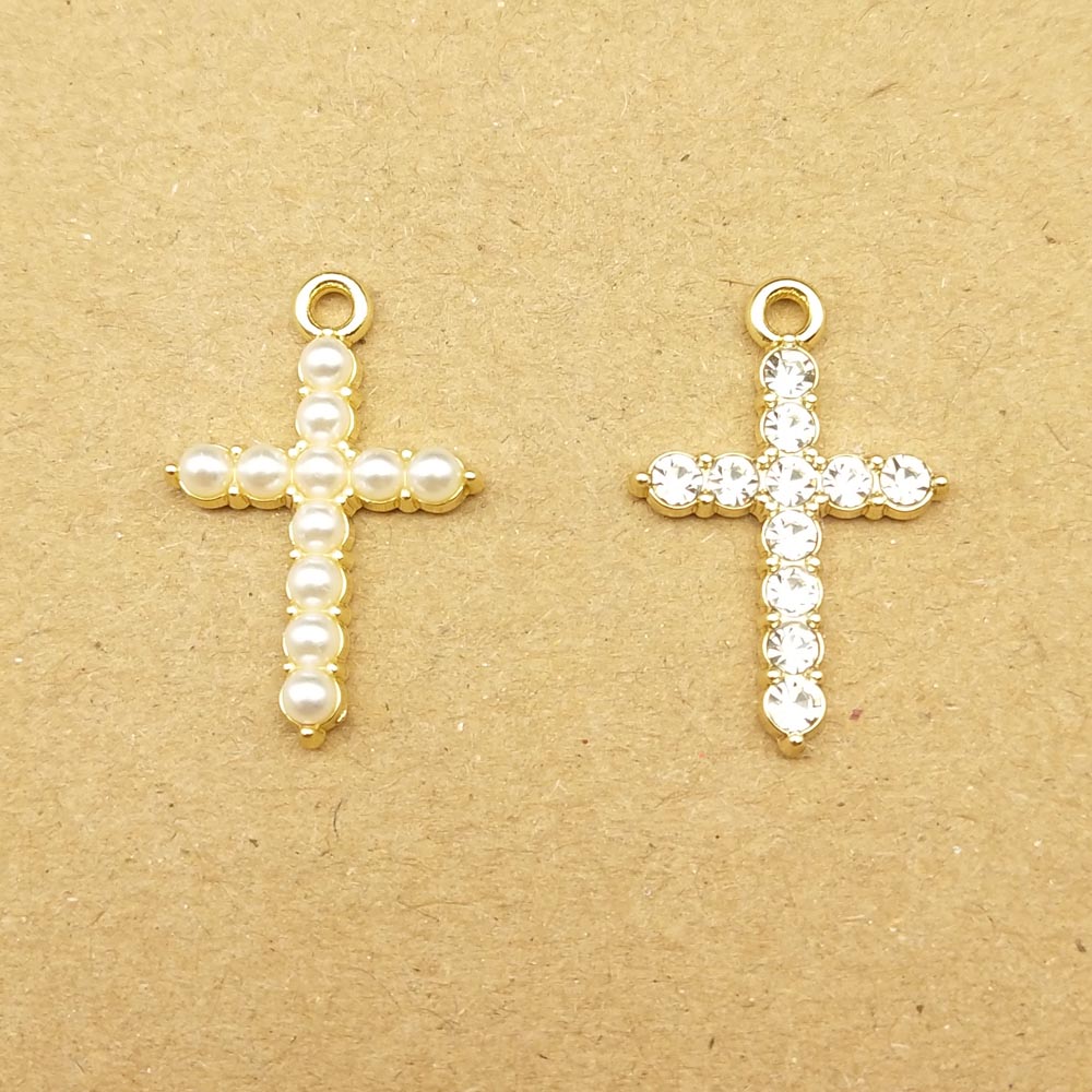 10pcs เพิร์ลคริสตัล CROSS Charm สําหรับเครื่องประดับทําสร้อยคอสร้อยข้อมือต่างหูจี้ DIY อุปกรณ์เสริมโลหะผสมสังกะสี