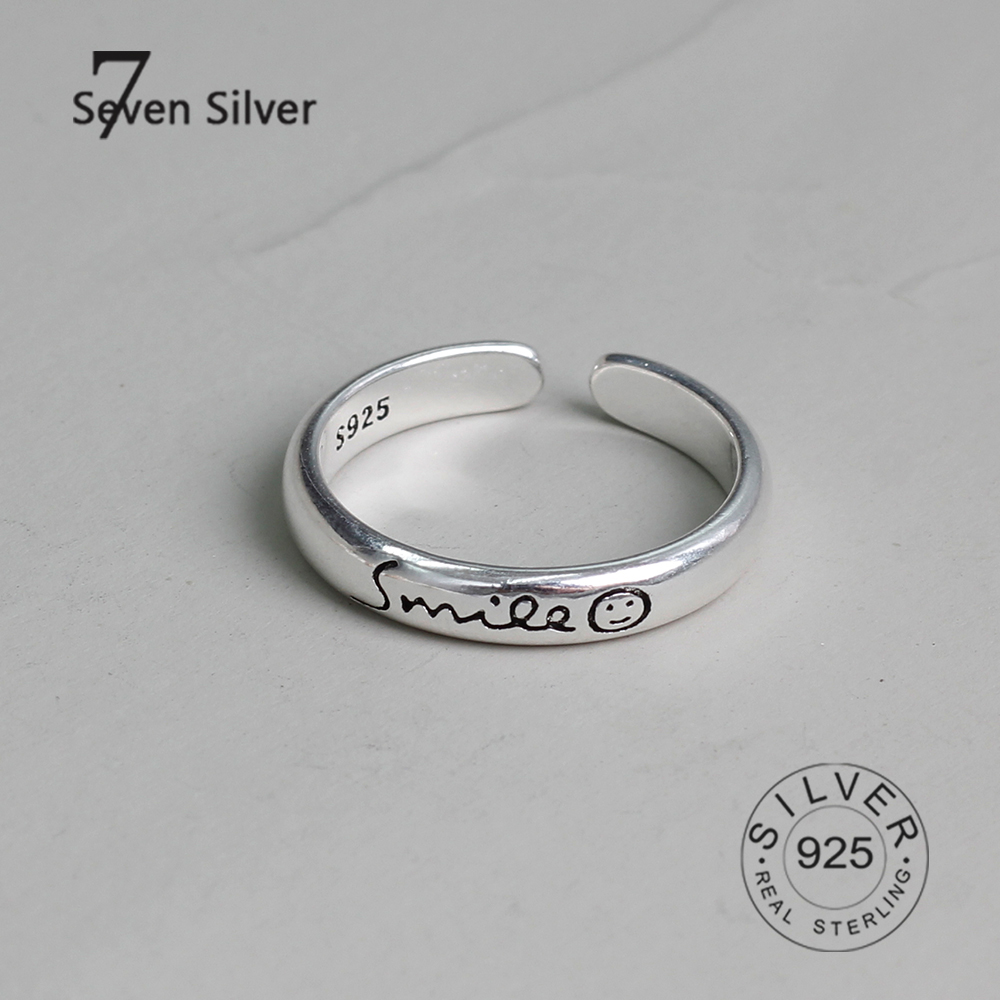 Anillos de Plata de Ley 925 auténtica con letras sonrientes para mujer, joyería fina de moda, Anillos antiguos grandes ajustables