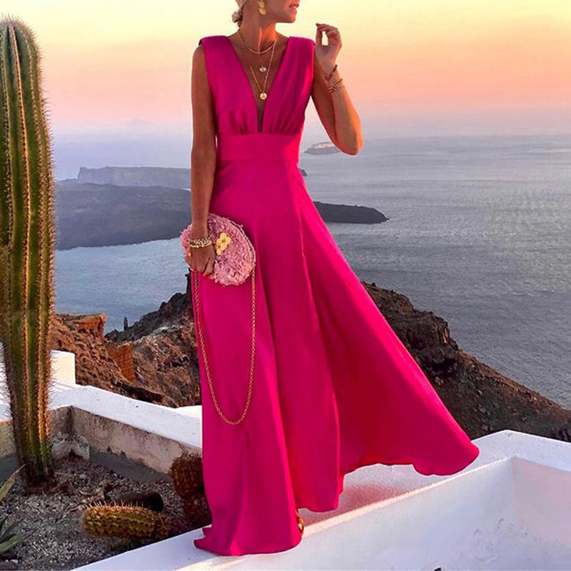 Frauen Elegante Einfarbig V-ausschnitt Party Kleid Sexy Backless Damen Ärmelloses Strand Kleid Vintage Weiblichen Sommer Kleid Vestido 3XL