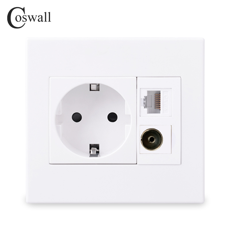 Coswall Pc Panel 16A Eu Stopcontact Geaard Met Vrouwelijke Tv Connector + 8 Core CAT6 RJ45 Internet Computer data Outlet