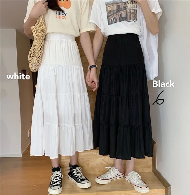 Primavera Verano mujeres faldas de gasa Vintage cintura alta elástico Patchwork blanco negro elegante pastel largo A-line falda para estudiante
