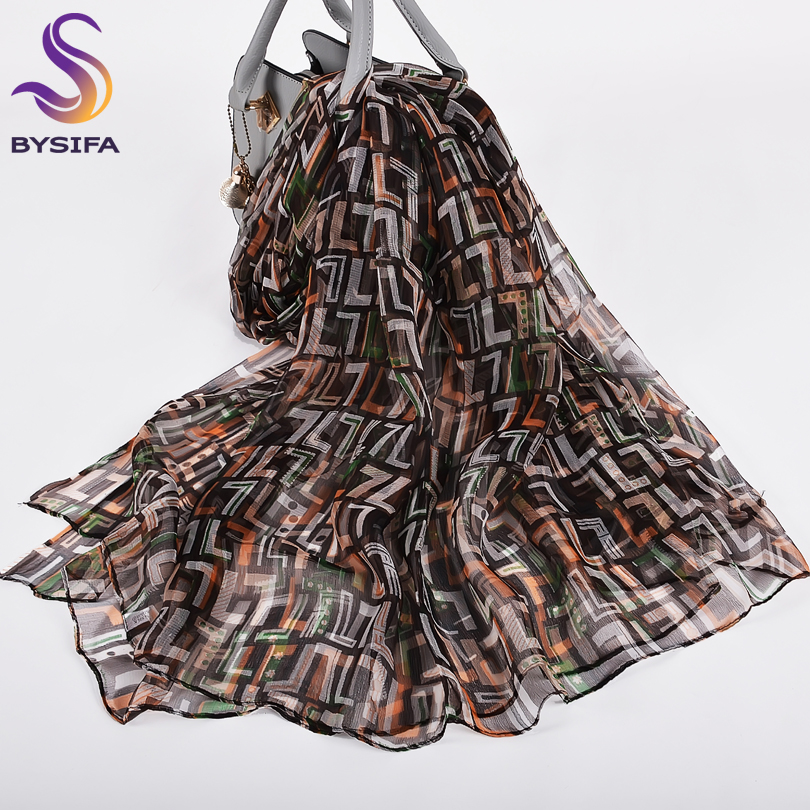 [BYSIFA] nouveau café lettre foulard en soie Hijabs 2020 femmes longues foulards automne dames pur foulards en soie marque de mode foulards de cou
