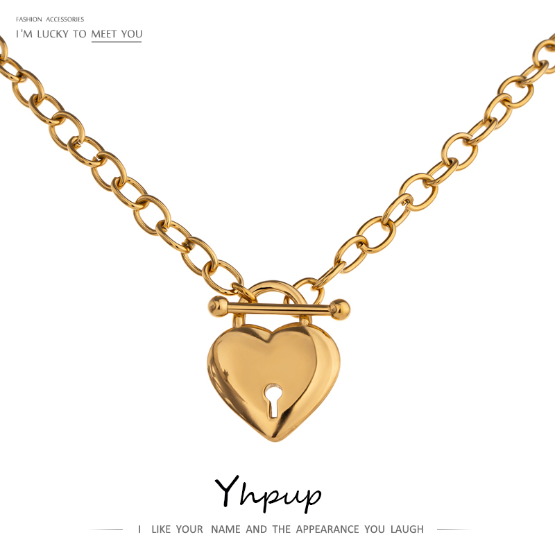 Yhpup-Colgante romántico con cerradura de corazón para mujer, collar de acero inoxidable, temperamento, textura de Metal, Gargantilla chapada en 18 K, 2021