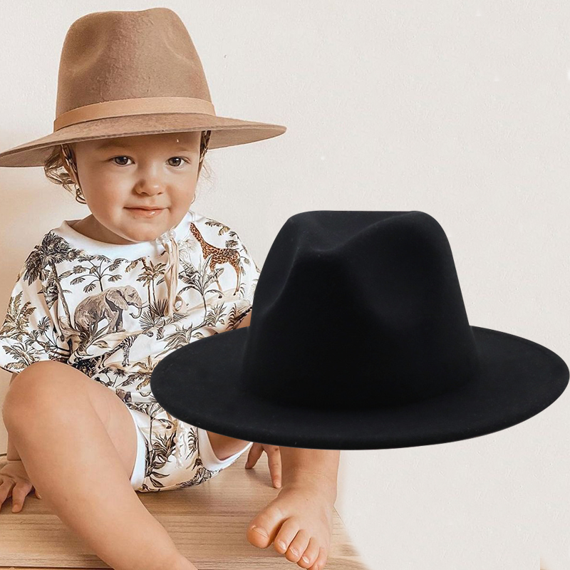 Mới Phong Cách Anh Quốc Mùa Đông Cho Bé Len Chắc Chắn Cổ Điển Fedoras Nón Bé Trai Bé Gái Panama Jazz Nón Lớn Rộng Vành Lớn Màu Đen fedoras 52-54CM