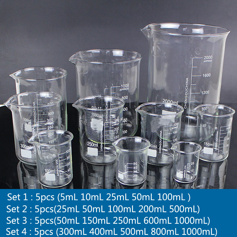1 Juego de vasos de vidrio de borosilicato de laboratorio, todos los tamaños, equipo de laboratorio para experimentos químicos, todos los tamaños