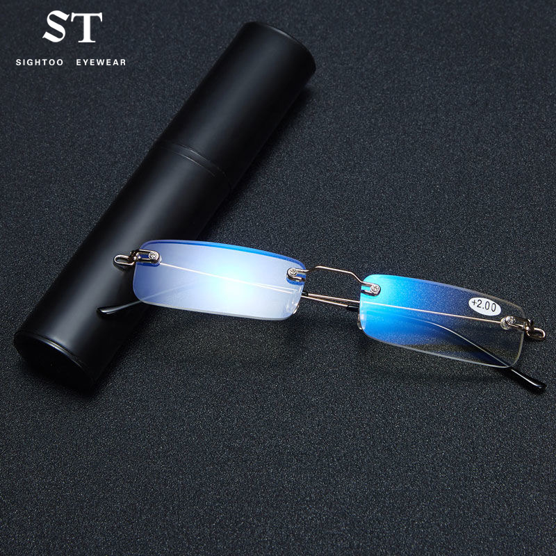 Sighttoo Occhiali da lettura senza montatura anti-luce blu Nuovi lettori Occhiali da lettura senza montatura con rivestimento ultraleggero con custodia per penna da uomo