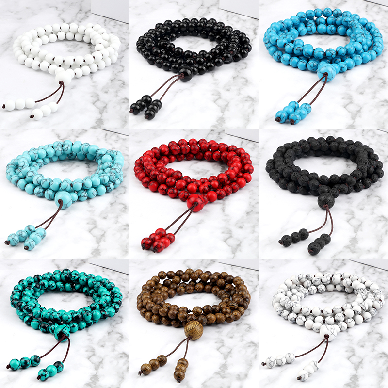Bracelet élastique unisexe en pierre de lave, chapelet enrichi de 6mm, 108 perles, collier de prière, bijoux Mala, cadeau pour femmes et hommes Yoga