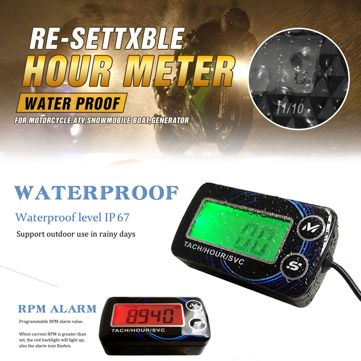 Mesin Digital Tahan Air Tach Meter Jam Tachometer Gauge Mesin RPM Tampilan LCD untuk Motor Motor Tak Mesin Mobil Perahu