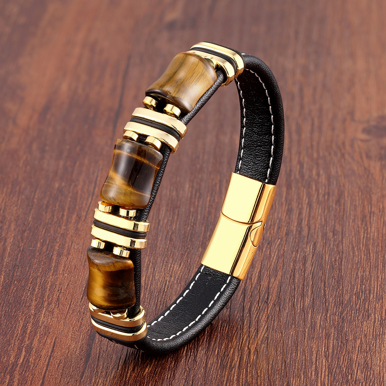 Pietra naturale, braccialetto occhio di tigre, catena di corda in pelle nera, bracciale da uomo, bracciale in acciaio inossidabile, gioielli di moda da donna, commercio all'ingrosso