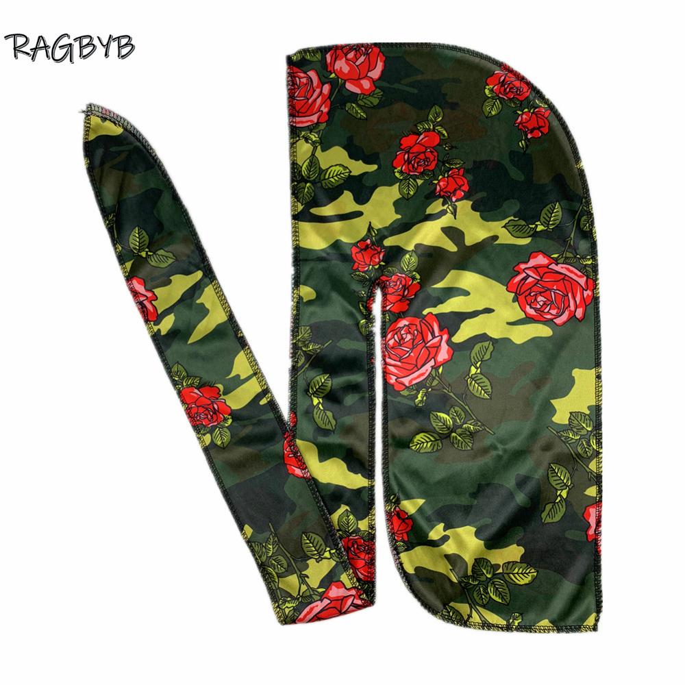 Neue Camo Print Seide Durag Bandanas für Männer Seidige Durags Lange Schwanz Welle Kappe Kopf Schal Frauen Hut Headwrap Durag