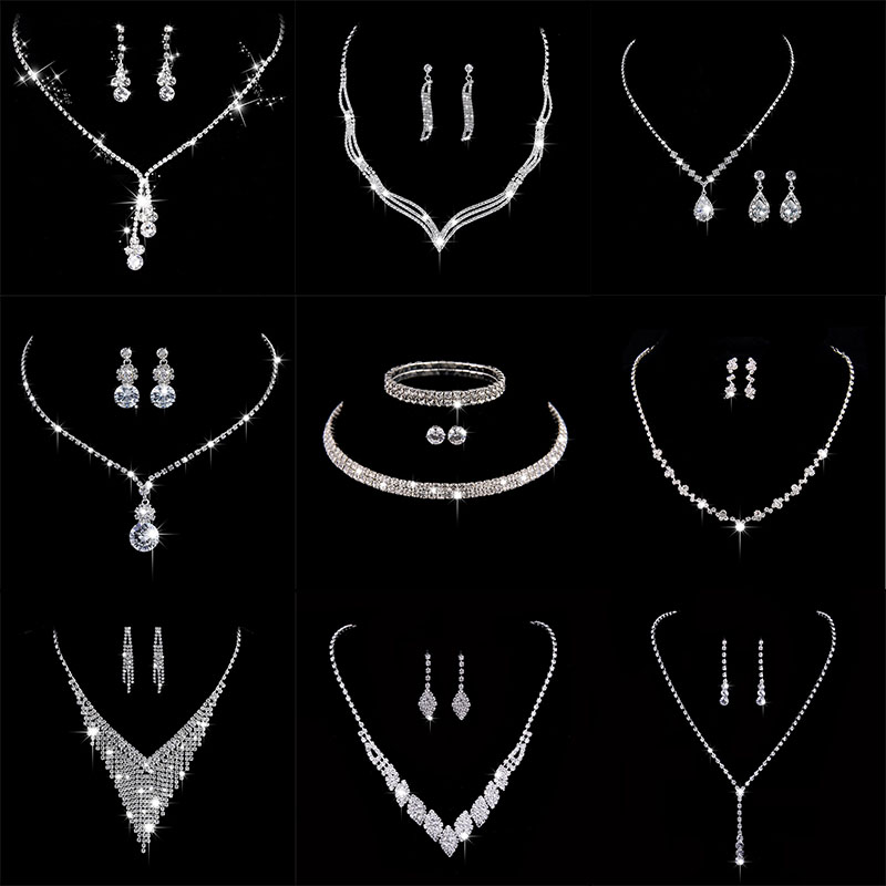 Conjunto de joyería de novia de cristal a la moda, vestido de novia Chapado en plata con diamantes de imitación, collar para banquete, conjunto de pendientes, regalo para mujer