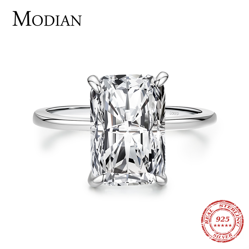 Modian Klassieke Rechthoekige Snijden Clear CZ Ring Solid 925 Sterling Zilver Luxe Vinger Ringen Voor Vrouwen Bruiloft Fijne Sieraden