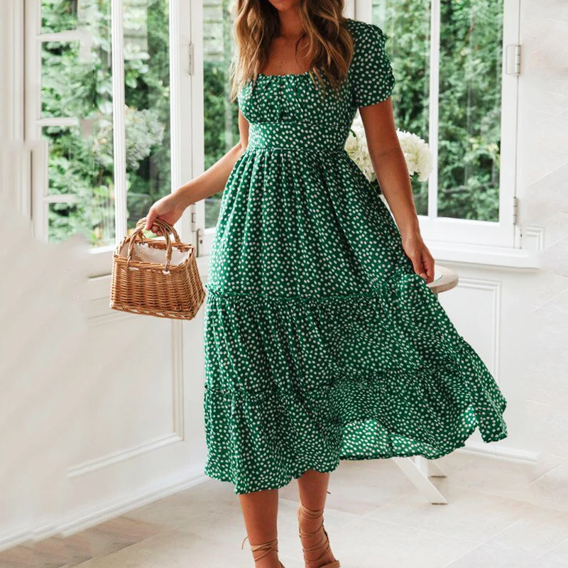 Vestido largo Vintage con estampado floral, traje playero de manga abullonada, cuello cuadrado, informal, 2024