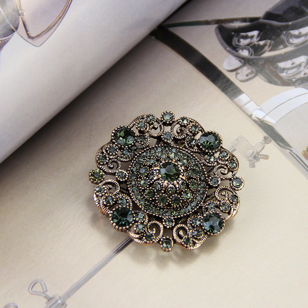 Sunspicems Turkse grijze kristallen broche voor vrouwen Retro goudkleurige ronde bloem sjaalspelden Bohemen Vintage strass sieraden