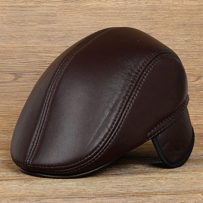 Mężczyźni czapka z daszkiem mężczyzna zima miękka skóra naturalna ochrona słuchu ciepły berety Hombre czarny brązowy do przodu Bonnet dziadek prezent