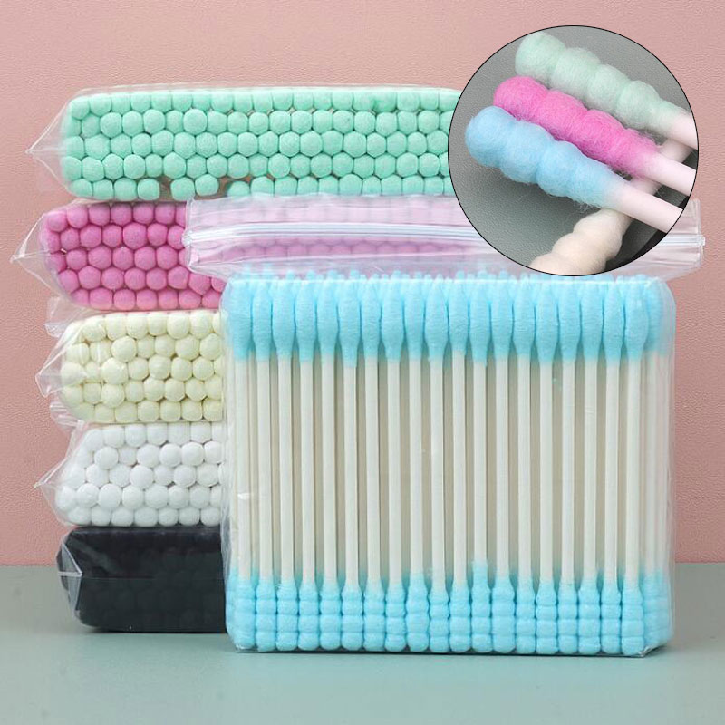 100/200 Uds. Hisopo de algodón desechable de doble cabeza punta palos de madera cosméticos nariz limpieza de orejas herramientas de maquillaje