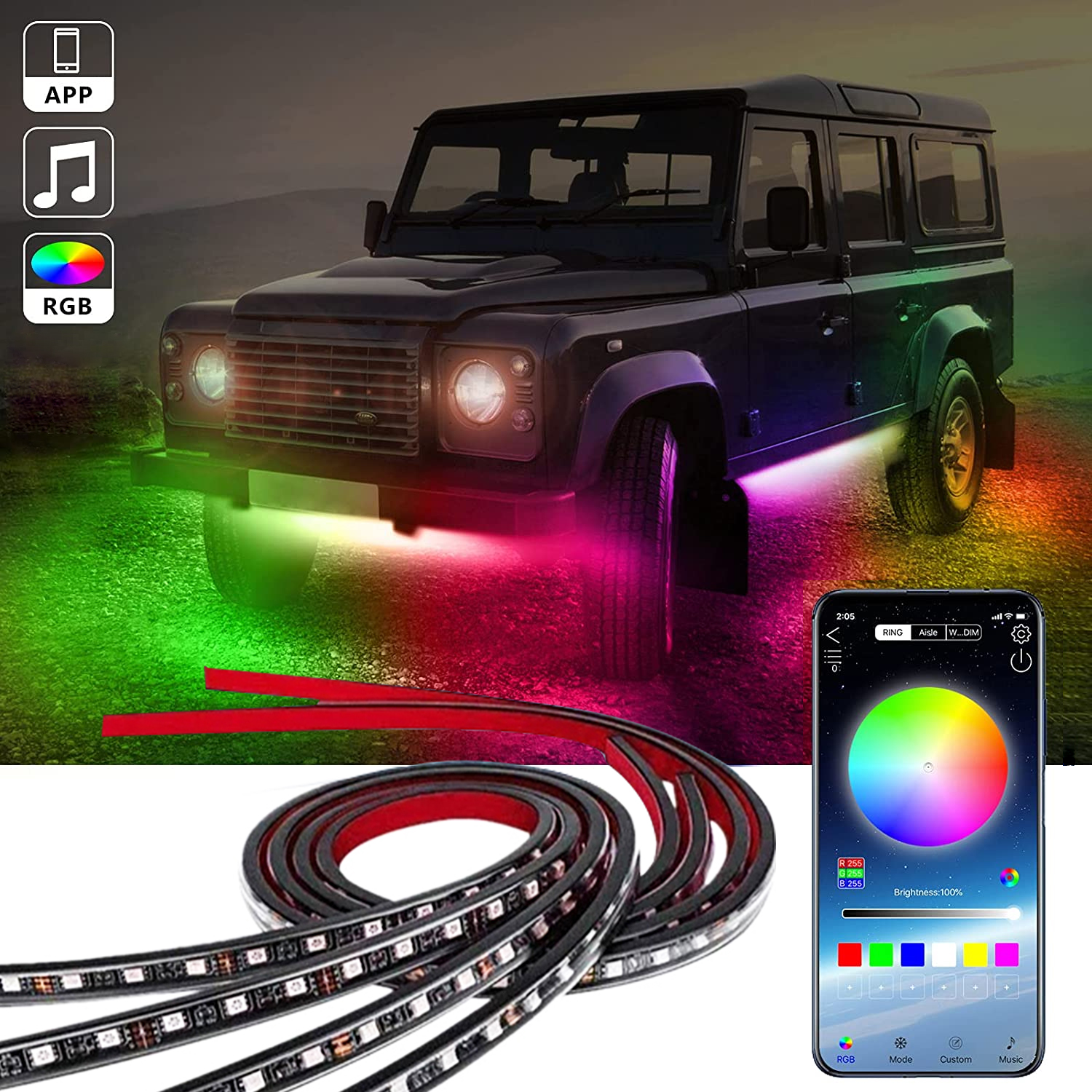 Kit de lampes LED fluo pour voiture, châssis, bande lumineuse RGB, lumière d'ambiance décorative, pièces extérieures pour fond de voiture, 12V