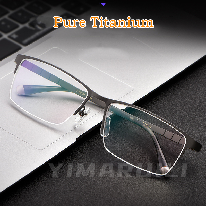 Yimuili Nyaman Bisnis Ultra-ringan Titanium Murni Kacamata Optik Resep Besar Setengah Bingkai Kacamata Bingkai Pria HT0186