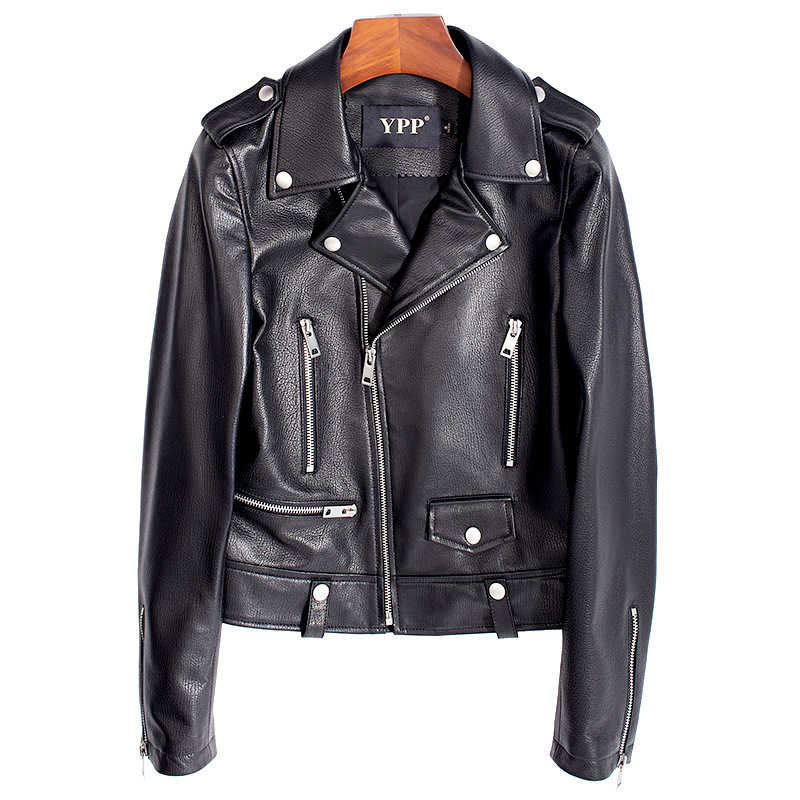 Chaquetas de piel de oveja auténtica para mujer, abrigo de cuero genuino de alta calidad, prendas de vestir de lujo negras para motociclista
