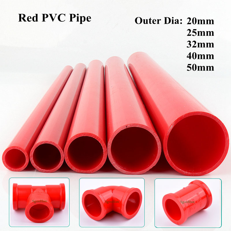 2pcs OD 20~50mm Red PVC Pipe Aquarium Fish Tank Fittings Home Garden Irrigation System UPVC Tube Water Supply Pipe 49-50cm Long