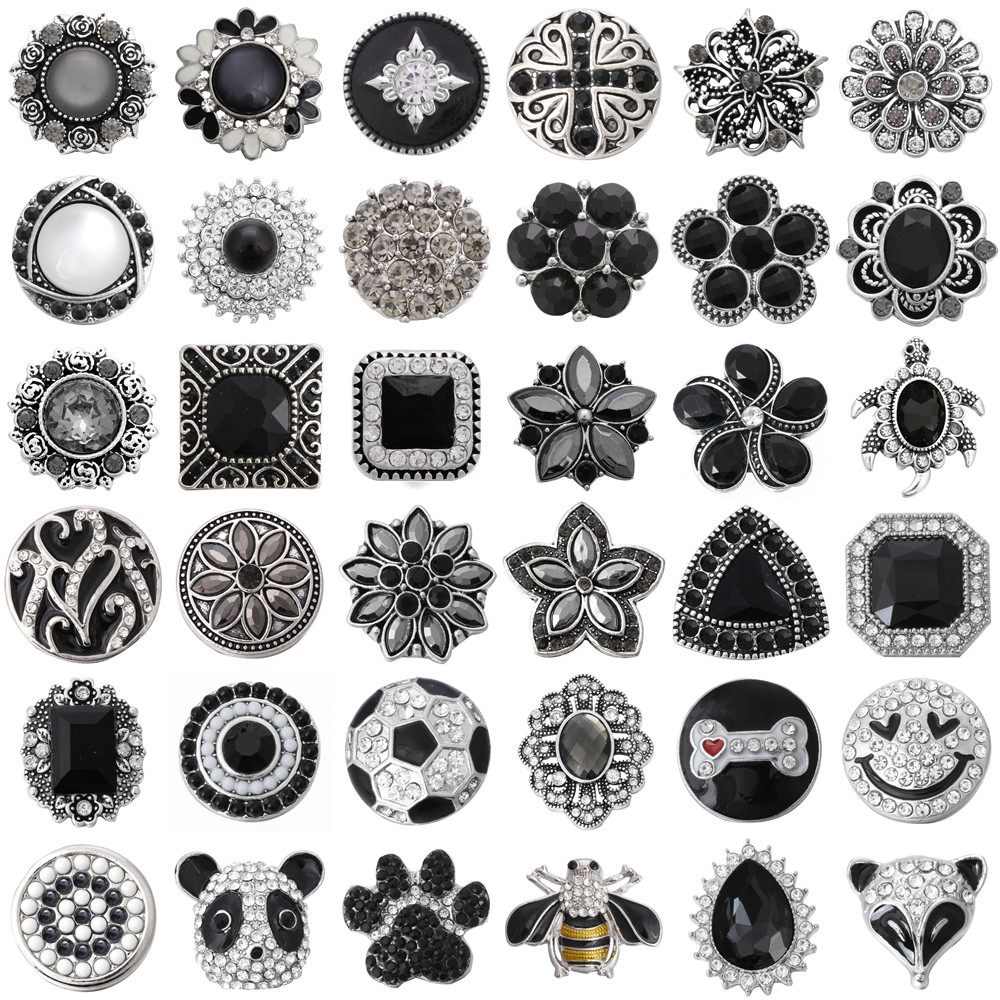 Joias com botões de pressão pretos e 18mm, 6 fábricas, atacado, strass misturado, botão de pressão, ajuste, pulseira, colar, joias, enfeites
