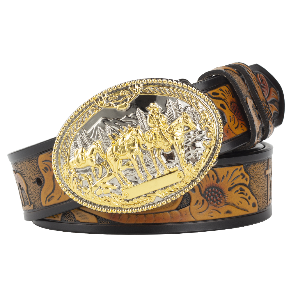 Cinto de couro em relevo com fivela dourada da equipe de cavalo, padrão cruzado, moda masculina, cowboy ocidental