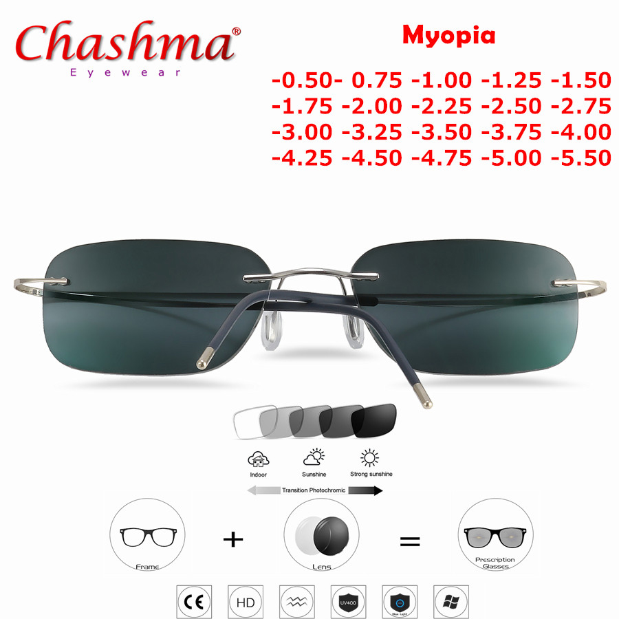 Óculos de titânio sem aro para miopia, óculos fotocromáticos para homens e mulheres, lentes camaleão com dioptrias-1.0 1.5 2.0 2.5 3.0