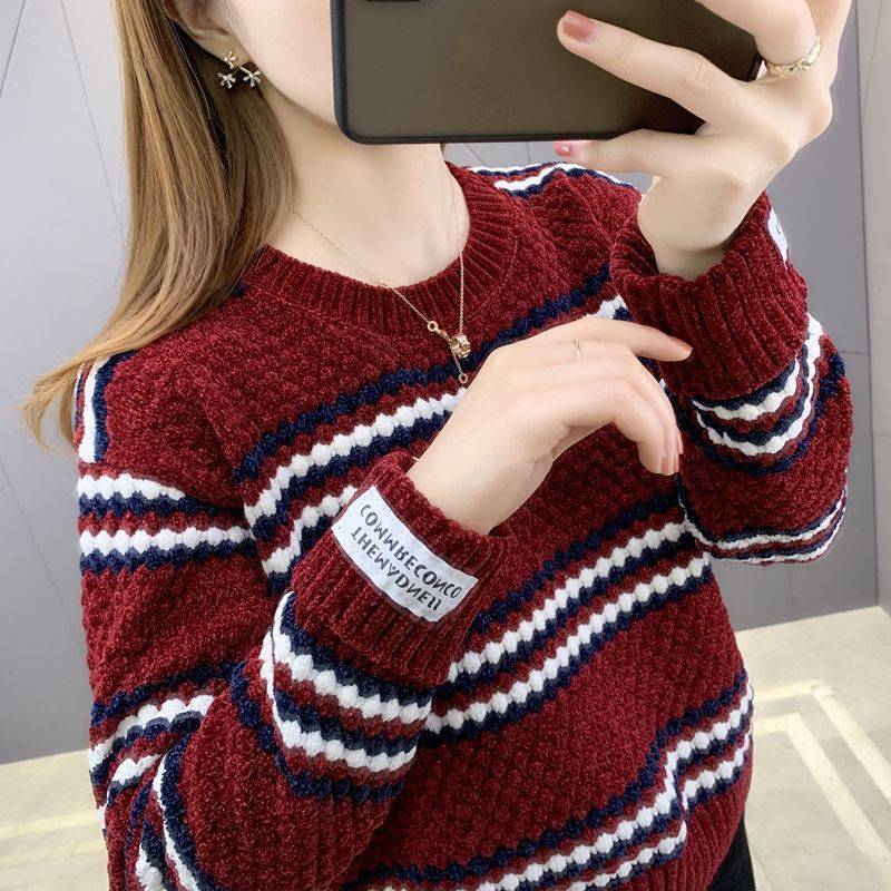Fdfklak Color de costura suéter de invierno Mujer grueso primavera otoño 2025 nuevo estudiante jersey con cuello redondo Tops sueltos coreanos Jersey Mujer