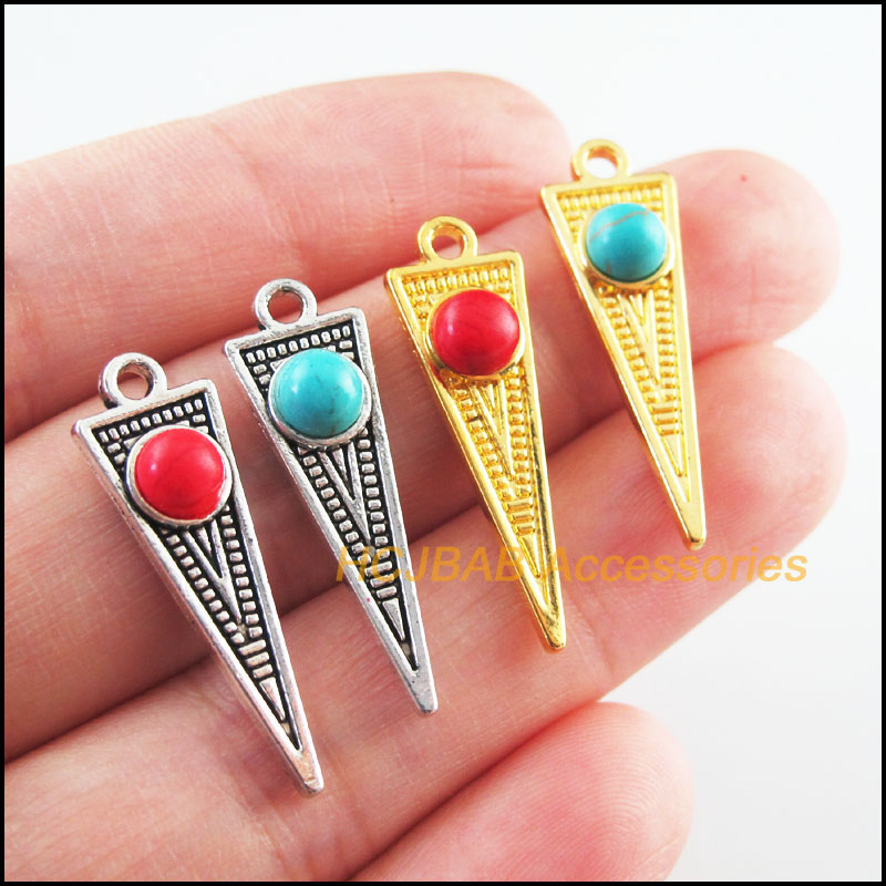 15Pcs Retro Gold Color Tibetan Silver Tone Triangle Blue&Red Stone Charms Pendants 9x28.5mm