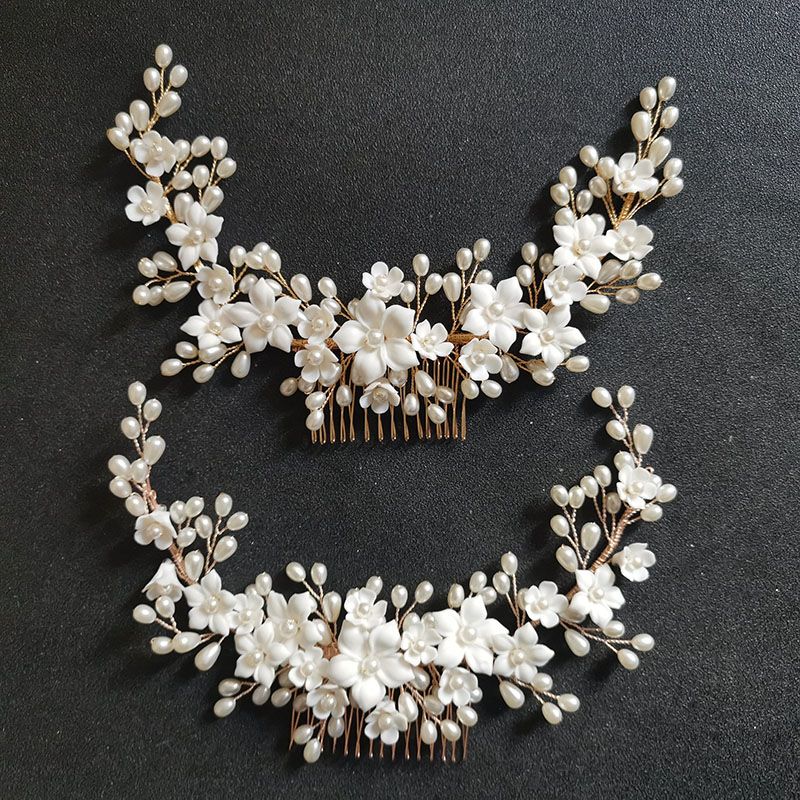 SLBRIDAL Handmade Crystal Rhinestone Pearls Ceramic Flower Bridal Hair Comb Wedding Hair Accessories Bridesmaids Women Jewelry
