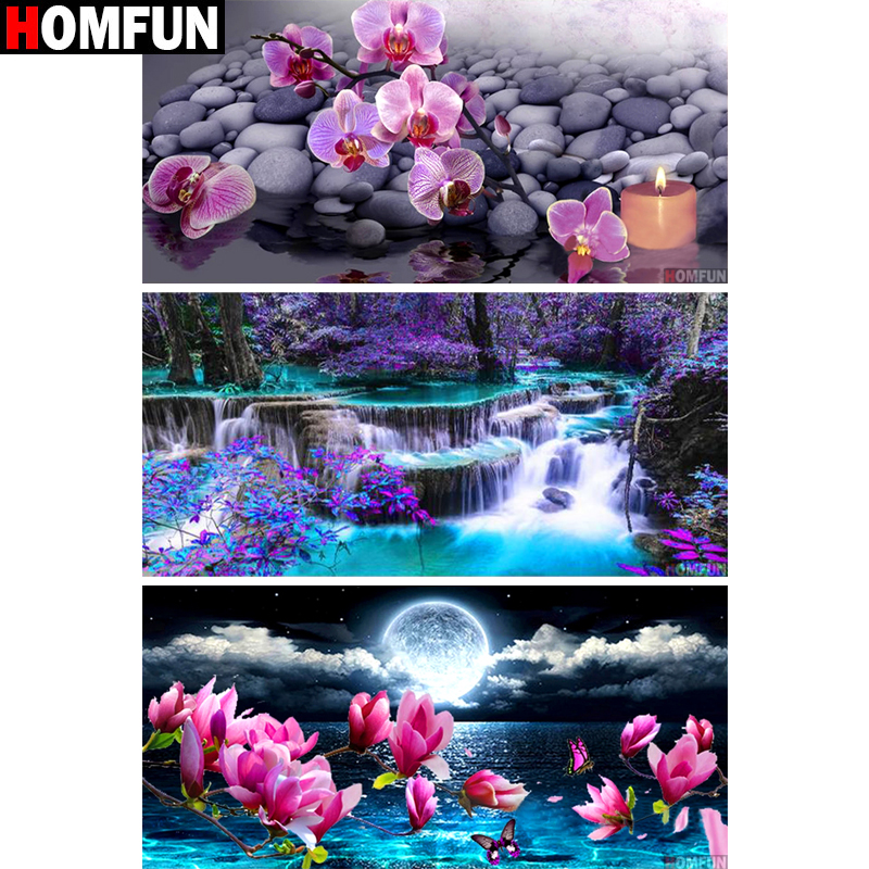 HOMFUN – peinture diamant thème "cascade d'orchidées", broderie complète 5D, strass, points de croix, perles carrées et rondes, à faire soi-même