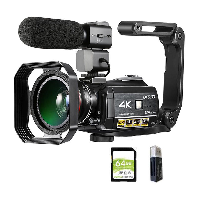 Kamera wideo 4K Profesjonalna kamera cyfrowa, Ordro AC3 YouTube Blogger Kamery Vlog Filmadora z mikrofonem Karta SD 64 GB