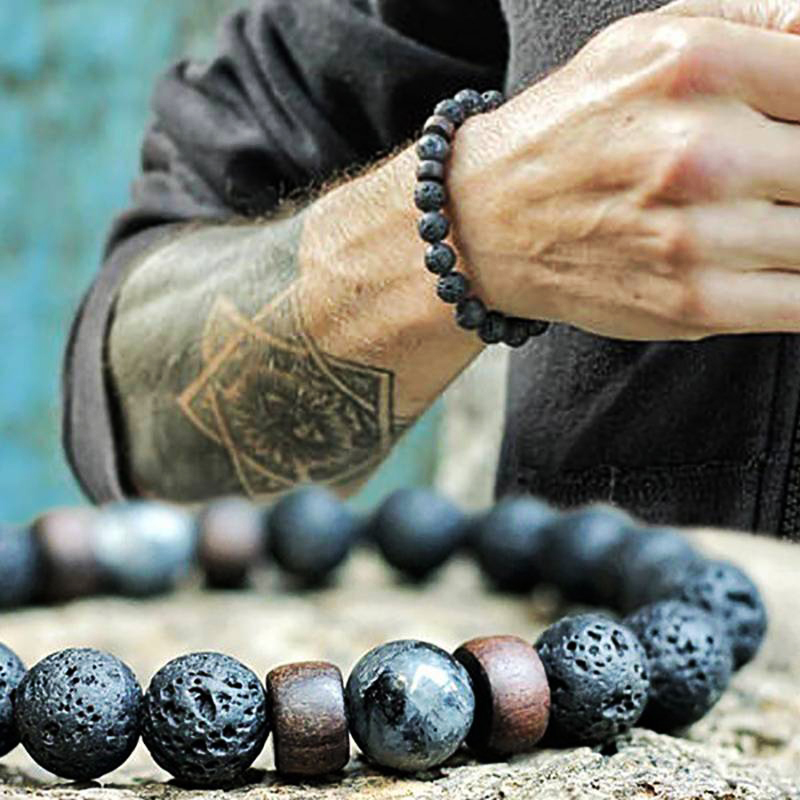 Bracciale in pietra vulcanica per uomo Bracciale in legno lavico da 8 mm Bracciale con perline Buddha tibetano Catena da polso Donna Uomo Gioielli Regalo Nuovi braccialetti