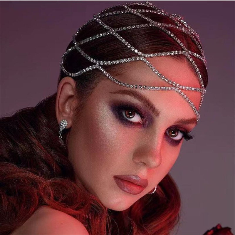 Tocado de malla con diamantes de imitación huecos, cadena para la cabeza de boda, joyería para mujer, diadema de cristal de lujo, gorro para la cabeza, sombrero, accesorios para el cabello