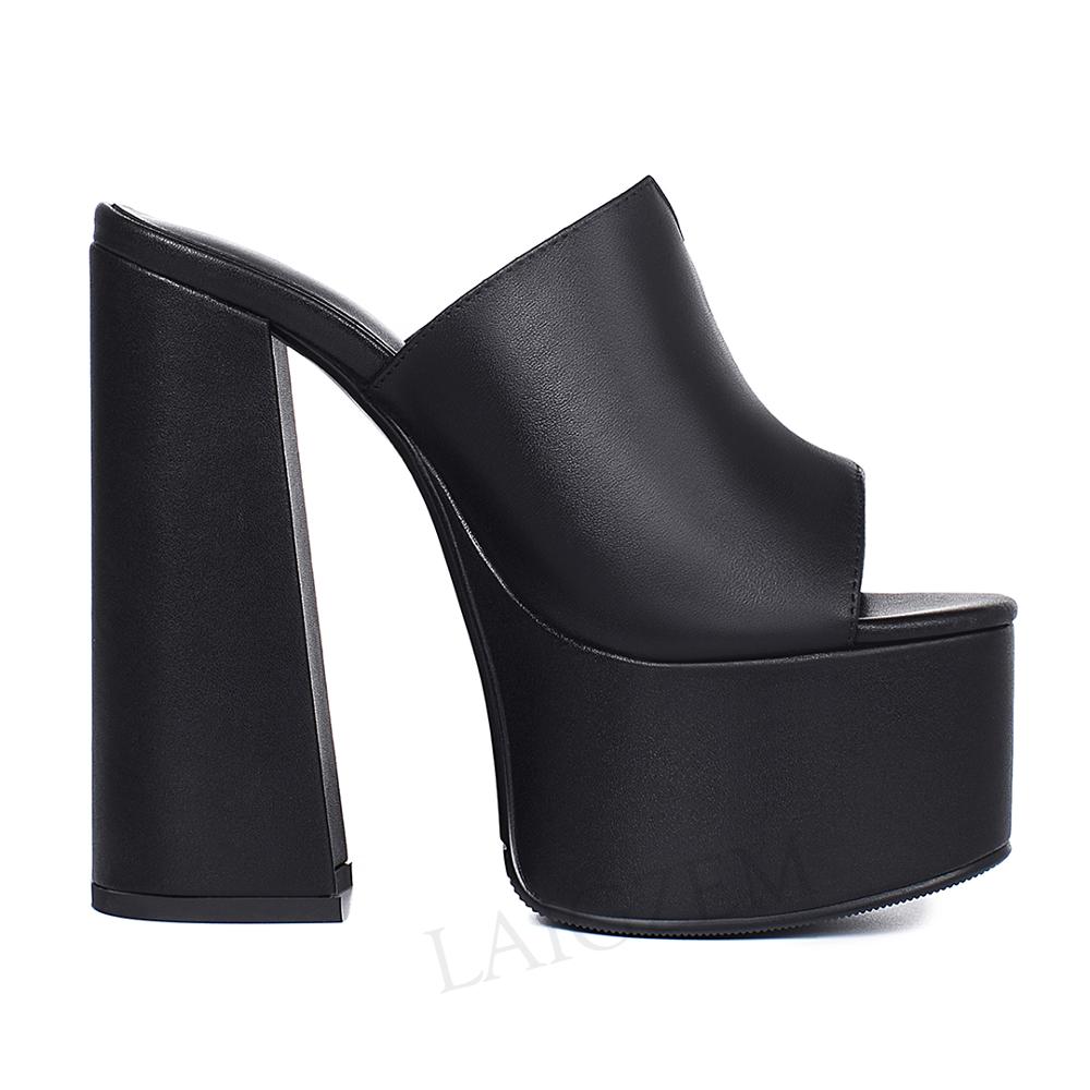 Laigzem mulheres plataforma slides sandálias de couro genuíno grosso salto alto mules vestido festa senhoras sapatos mulher tamanho 33 38 39 41